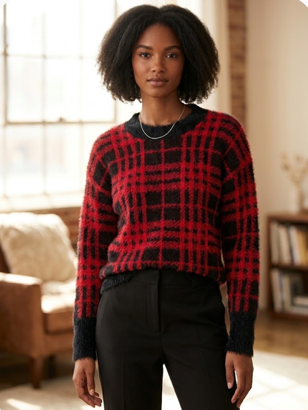 Time & Tru Fuzzy Sweater Size M Black and Red Plaid
